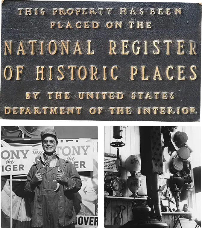 Collage showing the National Register of Historic Places plaque for Drier's Meat Market alongside archival photos of the shop's memorabilia and staff