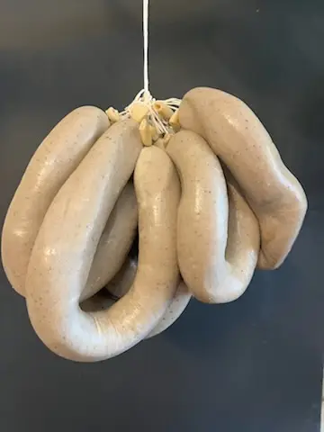 Links of homemade liver sausage from Drier's Meat Market, a Three Oaks, Michigan tradition since 1913