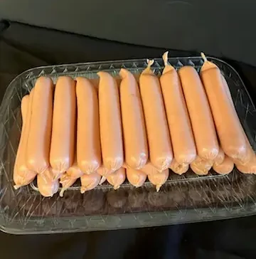 Tray of Drier's Meat Market all-beef hot dogs, smoked in-house in Three Oaks, Michigan