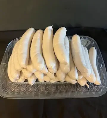 Bundle of pork and veal bratwurst links made fresh at Drier's Meat Market