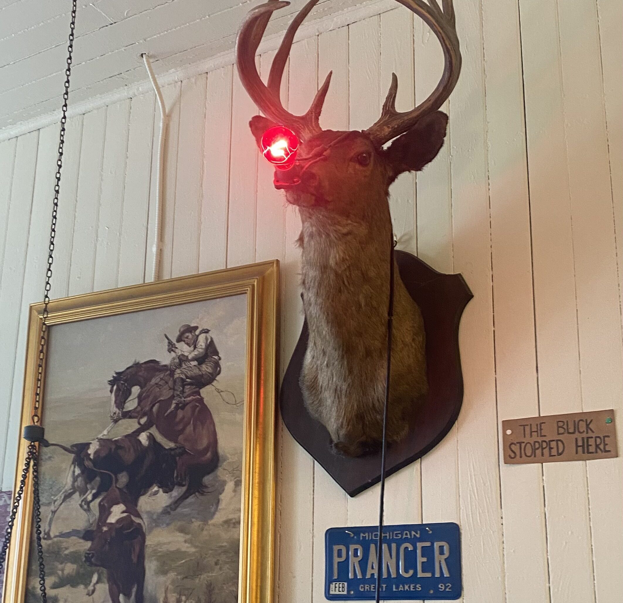 Mounted deer head displayed inside Drier's Meat Market alongside a framed archival photograph