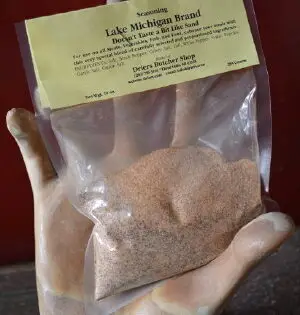 Container of Drier's signature seasoning salt, a butcher shop pantry staple from Three Oaks, Michigan